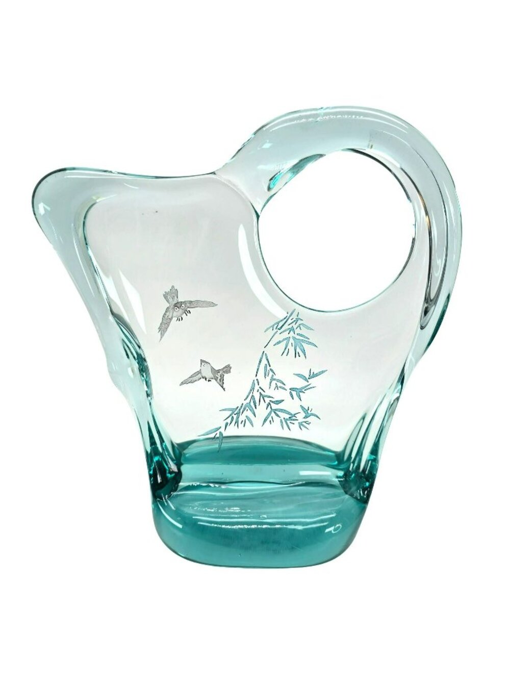 Art Glass With Engraved Birds & Bamboo Design Sculptural Form Aqua Blue JE353
